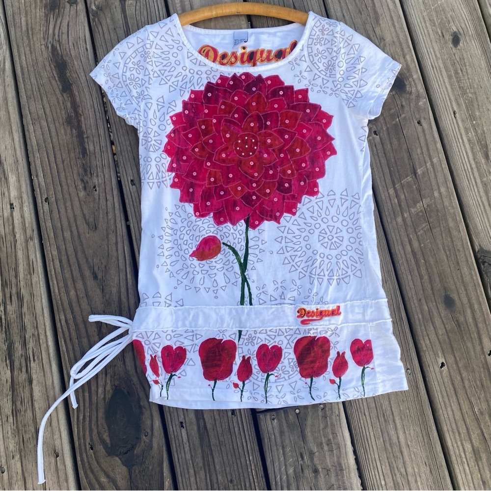 Desigual Short Sleeve Tunic Cinch Waist Flower Top